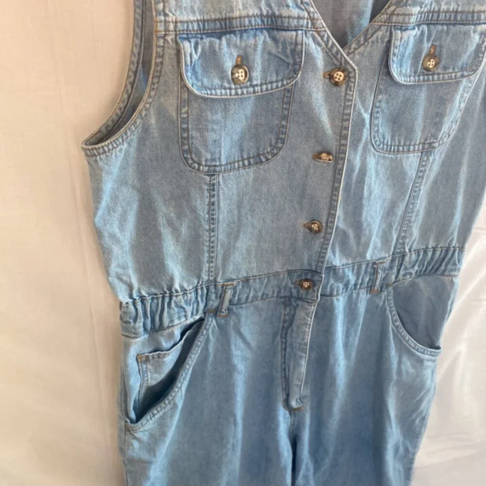 Rare Vtg 90s Bill Blass Light Wash Denim Sleeveless Jumpsuit SizeL Logo Pockets - Picture 3 of 6
